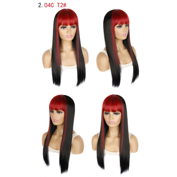 Color Bleaching And Dyeing Double Sideburns With Bangs Long Straight Hip-Hop Wig(Red Bleaching Black)