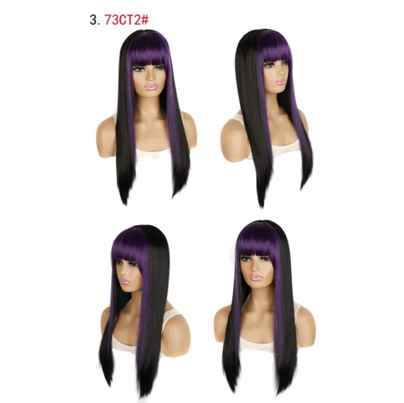 Color Bleaching And Dyeing Double Sideburns With Bangs Long Straight Hip-Hop Wig(Violet Bleaching Black)