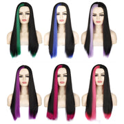 Fashion Medium Haircut Side Bangs Highlight Color Long Straight Wig(Black Pink)