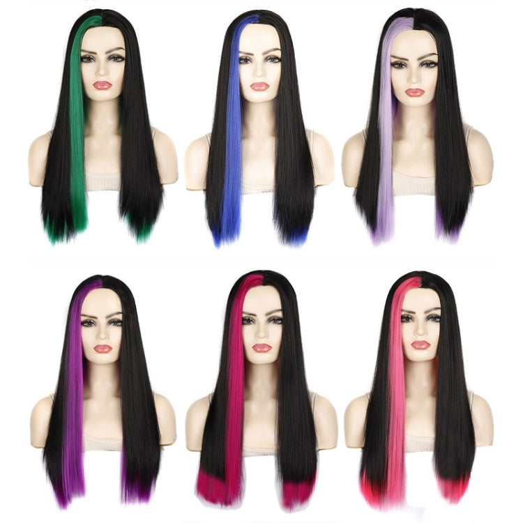 Fashion Medium Haircut Side Bangs Highlight Color Long Straight Wig(Black Pink)