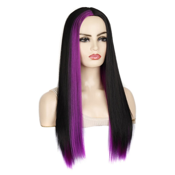 Fashion Medium Haircut Side Bangs Highlight Color Long Straight Wig(Black Volet)