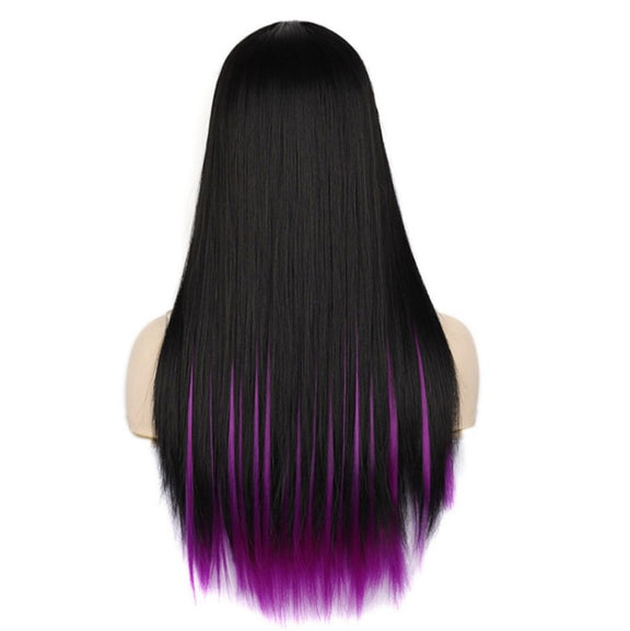 Fashion Medium Haircut Side Bangs Highlight Color Long Straight Wig(Black Rose Red)