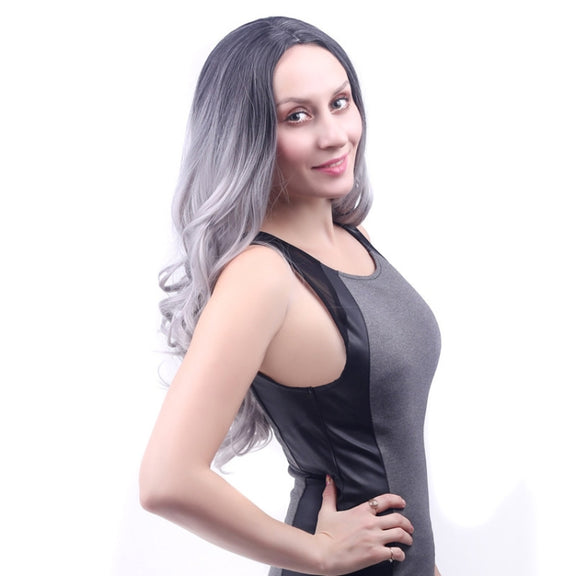Women Medium Haircut Bangs Black Gradient Granny Grey Long Curly Big Wave Wig(Black Gray)