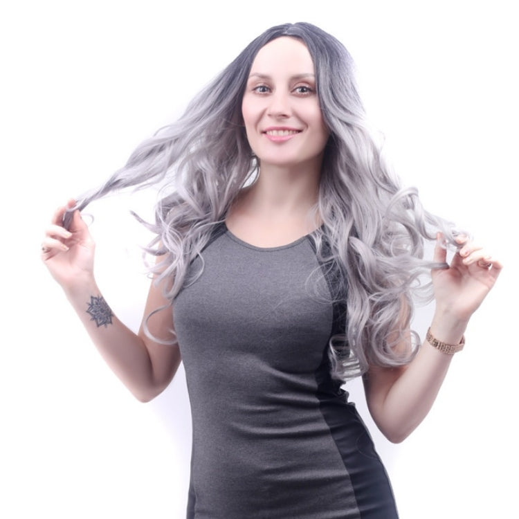 Women Medium Haircut Bangs Black Gradient Granny Grey Long Curly Big Wave Wig(Black Gray) - free shipping - PMC TechLife - Order now!