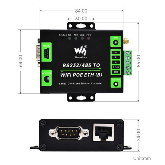 Waveshare Industrial Grade Serial Server RS232/485 to WiFi / Ethernet RJ45 Network Port with POE Support