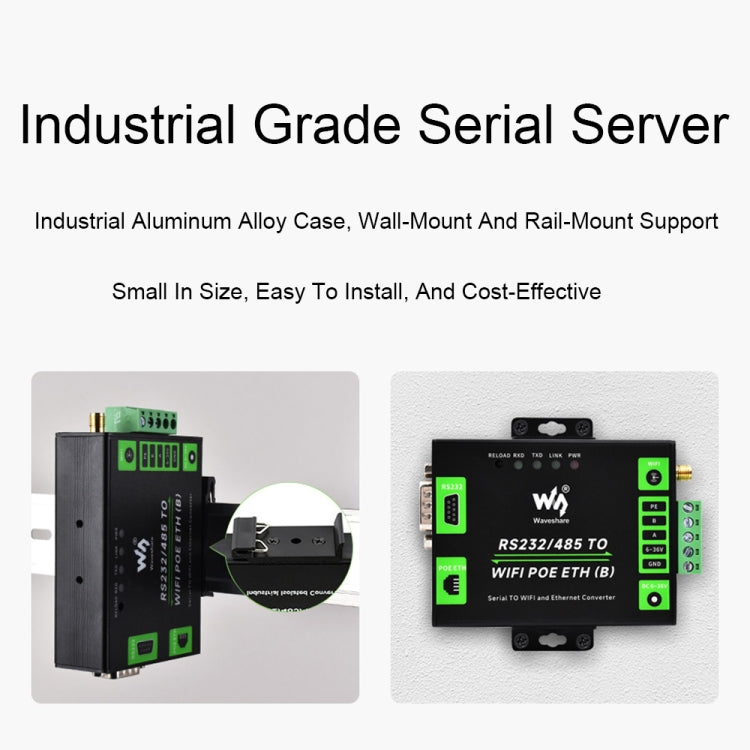 Waveshare Industrial Grade Serial Server RS232/485 to WiFi / Ethernet RJ45 Network Port with POE Support - free shipping - PMC TechLife - Order now!