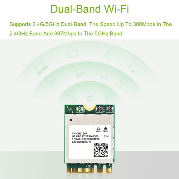 Waveshare 24780 AW-CB375NF 2.4G/5GHz Dual-Band WiFi 5 Wireless NIC, RTL8822CE-CG Core, Supports BLE