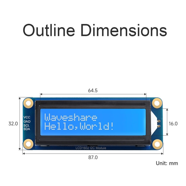 Waveshare 23991 LCD1602 I2C Module, White with Blue Background, 16x2 Characters, 3.3V/5V