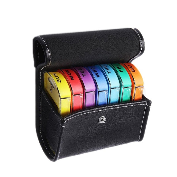 Notebook-Style 28-Compartment Portable Pill Box&Leather Bag(Black)