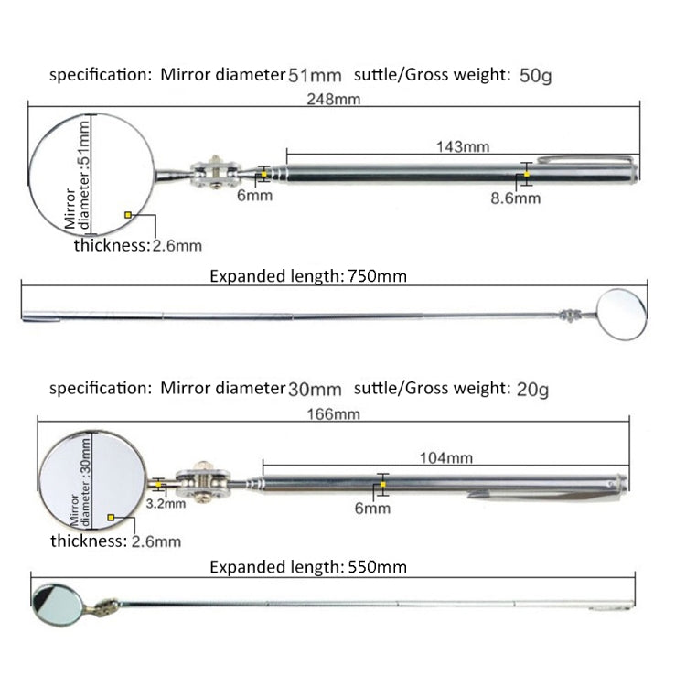 Car Repair Detection Mirror Universal Folding Telescopic Mirror Welding Chassis Inspection Mirror, Model: Silver 50mm