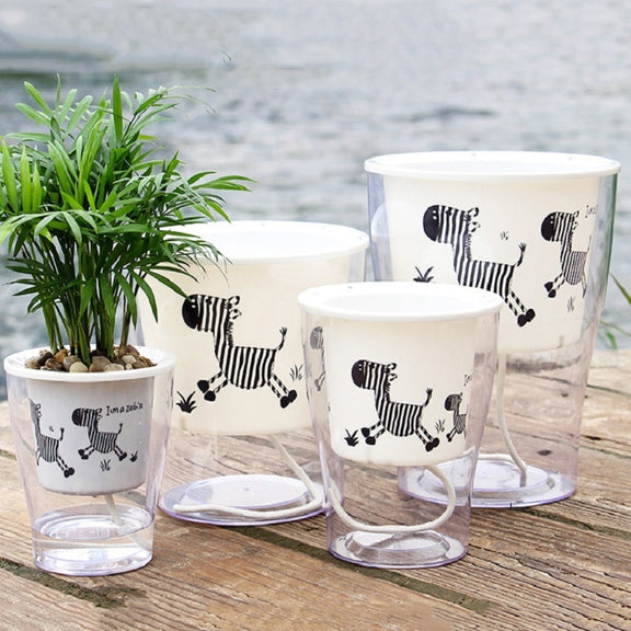 Fully Transparent Hydroponic Flower Pots Water Level Visible Non-Broken Glue Self-Absorbent Plastic Flower Pots, Size: W03 Caliber 11cm(Full Transparent Zebra Pattern)