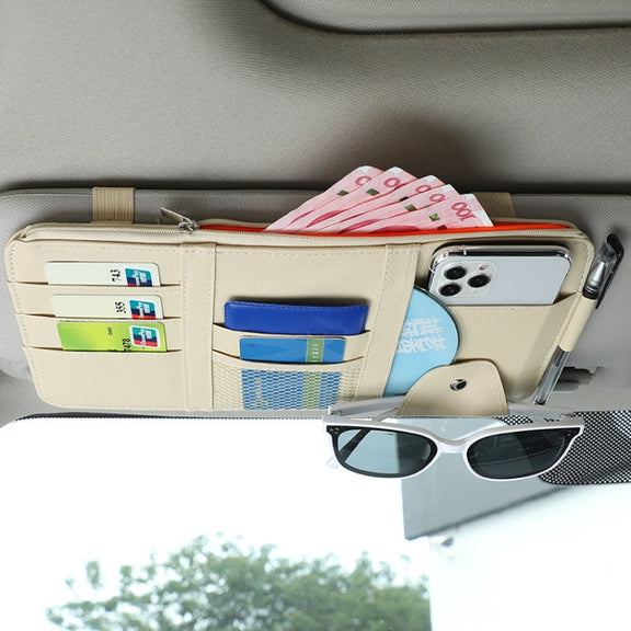 2 PCS Auto Sun Visor Card Clip Business Card Glasses Clip Zipper Car Mobile Phone Document Folder(Beige)