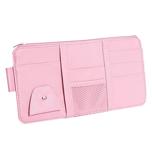2 PCS Auto Sun Visor Card Clip Business Card Glasses Clip Zipper Car Mobile Phone Document Folder(Pink)