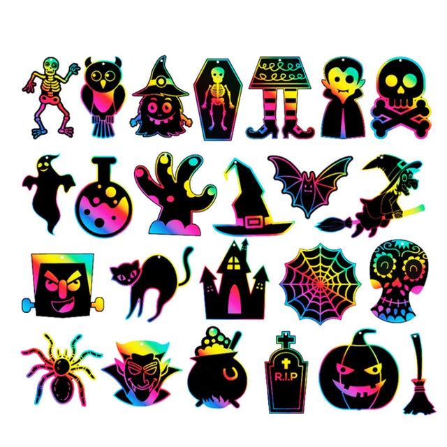 24 PCS / Set GG-24 Children Colorful Halloween Scratch Painting Set DIY Funny Ornaments Holiday Scratch Painting Paper