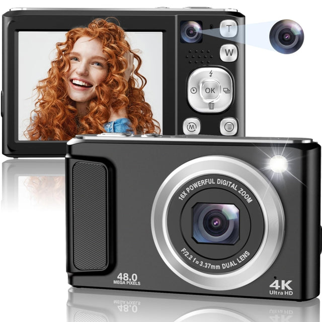 DC308 2.8-Inch 4K HD Front And Rear Dual-Camera 16X Zoom Digital Camera US Plug(Black)