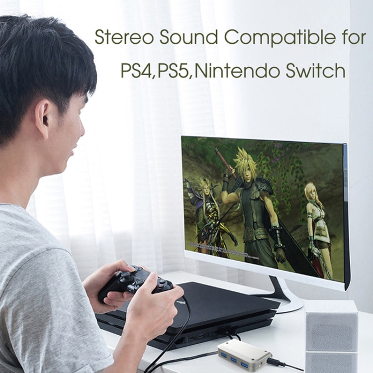 MB-103 USB 3.1 Three-Port Drive-Free HUB + 7.1 Voice Changer Sound Card High-Speed Docking Station, PS5 Voice Changer Sound Card Compatible with PS4 Headset, Cable Length: 1.2m(1 to 3)