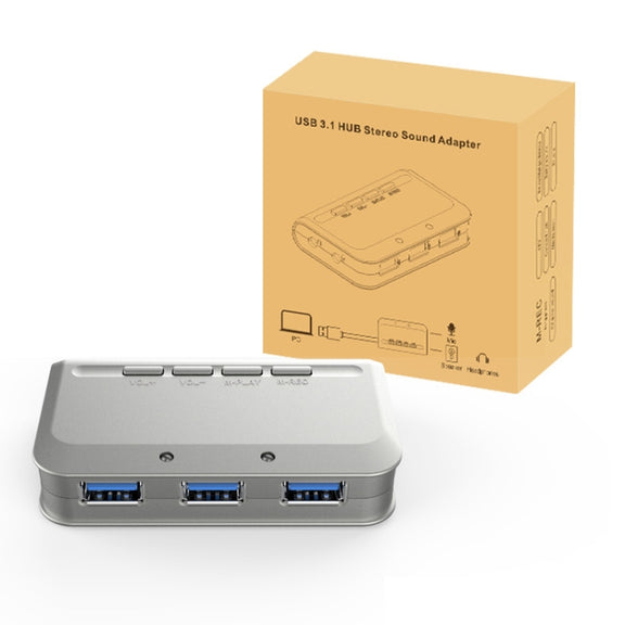 MB-103 USB 3.1 Three-Port Drive-Free HUB + 7.1 Voice Changer Sound Card High-Speed Docking Station, PS5 Voice Changer Sound Card Compatible with PS4 Headset, Cable Length: 1.2m(1 to 3)