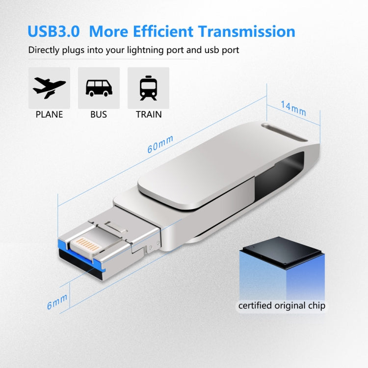 32GB USB 3.0 + 8 Pin + USB-C / Type-C 3 in 1 Phone Computer Metal Rotatable U-Disk(Silver Gray)