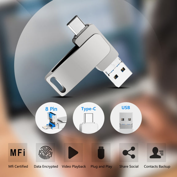 32GB USB 3.0 + 8 Pin + USB-C / Type-C 3 in 1 Phone Computer Metal Rotatable U-Disk(Silver Gray)