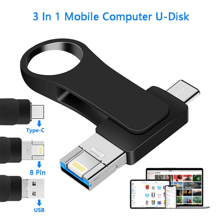 8GB USB 3.0 + 8 Pin + USB-C / Type-C 3 in 1 Mobile Computer Metal U-Disk(Black)