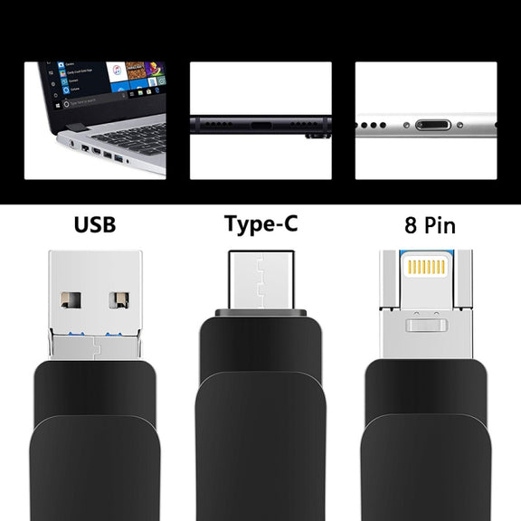 32GB USB 3.0 + 8 Pin + USB-C / Type-C 3 in 1 Mobile Computer Metal U-Disk(Silver)