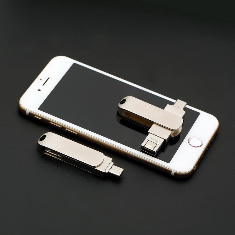 16GB USB 3.0 + 8 Pin + USB-C / Type-C 3 in 1 Phone Computer Rotatable Metal U-Disk