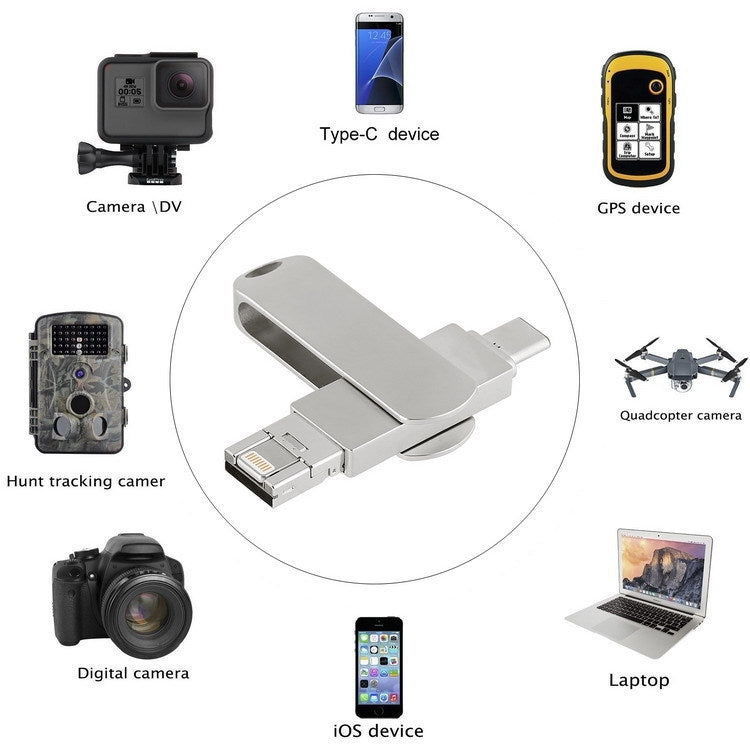 64GB USB 3.0 + 8 Pin + USB-C / Type-C 3 in 1 Phone Computer Rotatable Metal U-Disk