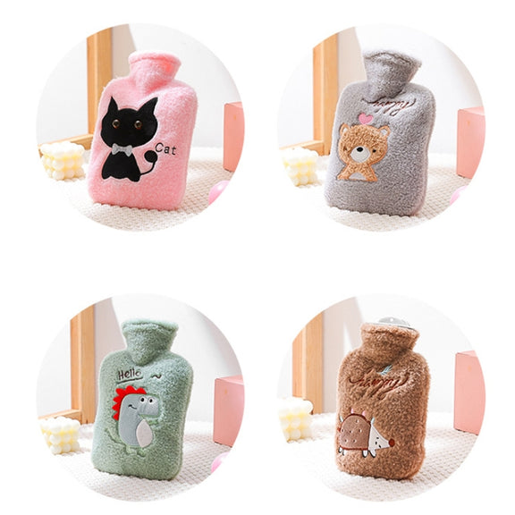 Hot Compress Stomach Hot Water Bottle Flannel Cover Cartoon Hand Warmer(Light Grey)