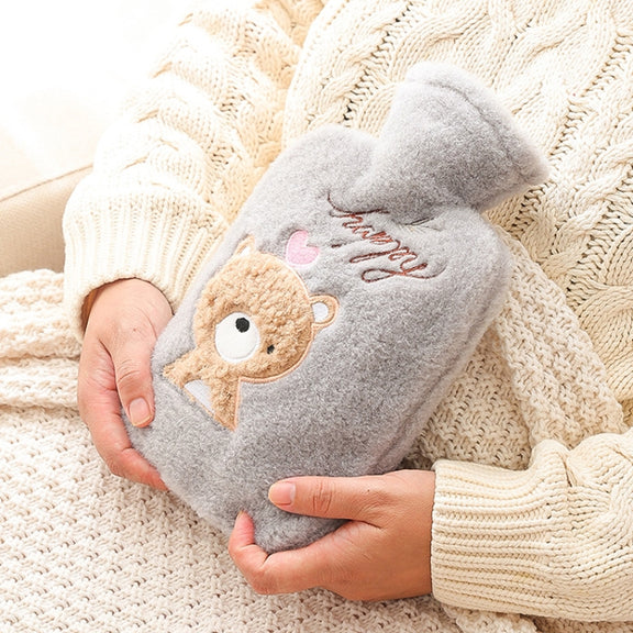 Hot Compress Stomach Hot Water Bottle Flannel Cover Cartoon Hand Warmer(Pink)