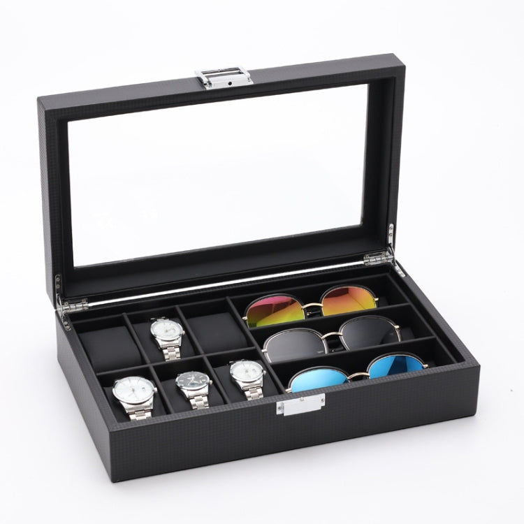6+3 PU Watch Glasses Case Carbon Fiber PU Skin Watch Box Sunglasses Box(Brown)