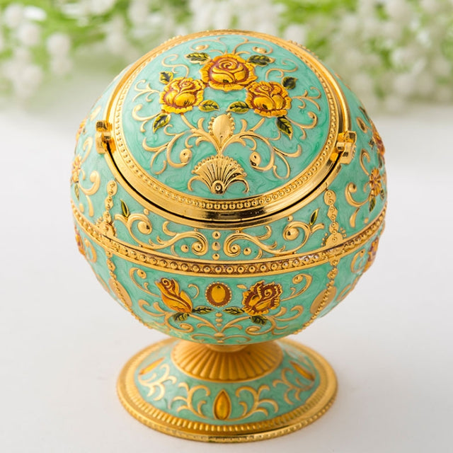 Metal Globe Ashtray With Lid Holiday Gift Tea Table Decoration(Green Rose)