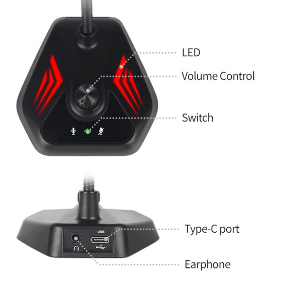 MI520 Desktop Computer Gooseneck Condenser Microphone USB Version with RGB Breathing Lamp
