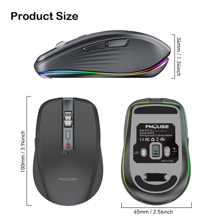 Fmouse M303 2400DPI Bluetooth&2.4G Dual Modes Rechargeable RGB Mouse(White) - free shipping - PMC Jewellery - Order now!