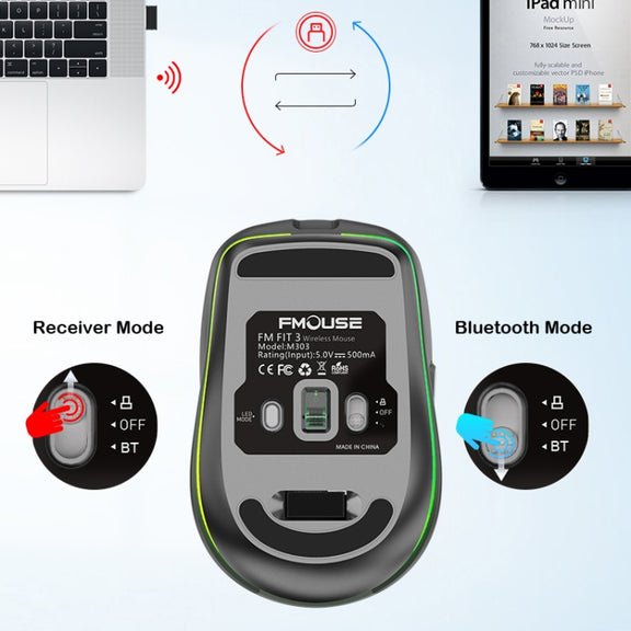 Fmouse M303 2400DPI Bluetooth&2.4G Dual Modes Rechargeable RGB Mouse(Gray)