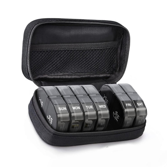 14 Compartment Medicine Box Plastic Double Row Leather Bag Pill Box(Black)