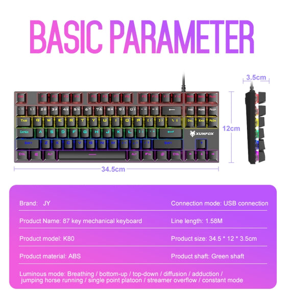 XUNFOX K80 87 Keys Wired Gaming Mechanical Illuminated Keyboard, Cable Length:1.5m(White Yellow)