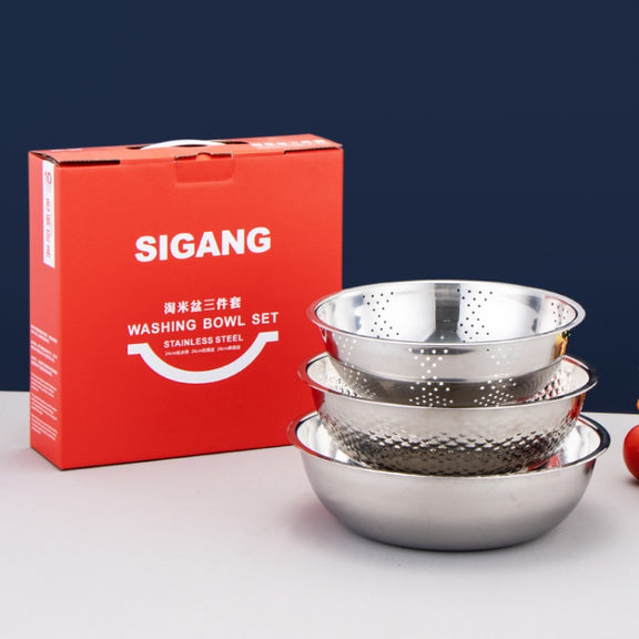 3 PCS / Set SiGang Stainless Steel Rice Washing and Vegetable Draining Basin(24cm+26cm+28cm)