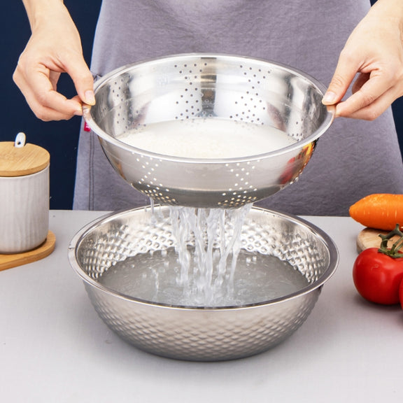 3 PCS / Set SiGang Stainless Steel Rice Washing and Vegetable Draining Basin(24cm+26cm+28cm)