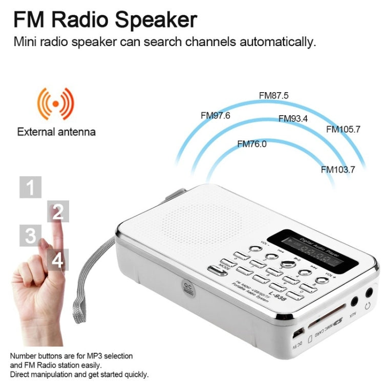 L-938  MP3 Audio Player FM Radio Support  SD MMC Card AUX-IN Earphone-out(White)