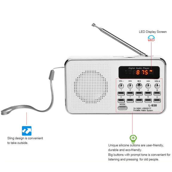 L-938  MP3 Audio Player FM Radio Support  SD MMC Card AUX-IN Earphone-out(White)
