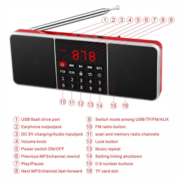L-288FM Dual Speaker Radio MP3 Player Support TF Card/U Disk with LED Display(Gold)
