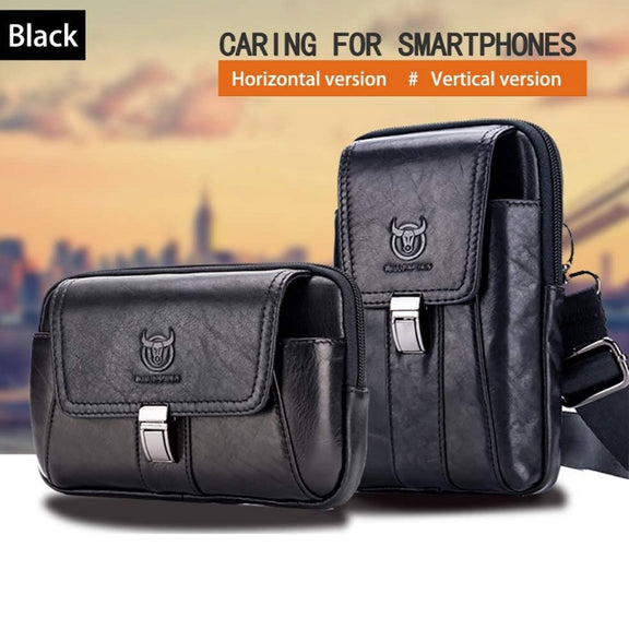 BULL CAPTAIN Multifunctional Leather Mobile Phone Small Waist Bag For Men(Horizontal Black)