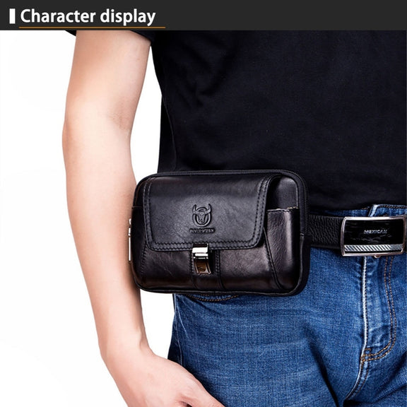 BULL CAPTAIN Multifunctional Leather Mobile Phone Small Waist Bag For Men(Horizontal Black)