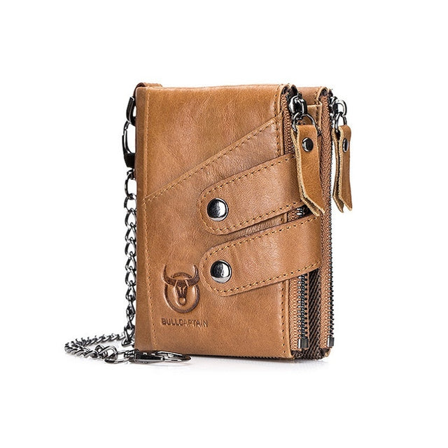 BULL CAPTAIN  Leather Three-fold Zipper Wallet For Men(Yellow Brown)