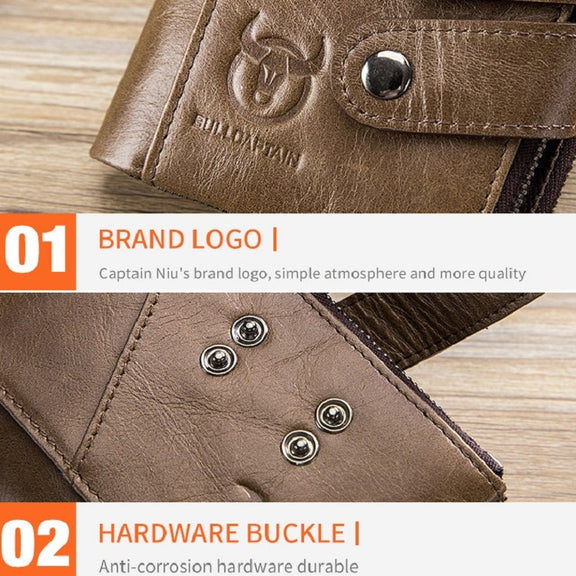 BULL CAPTAIN  Leather Three-fold Zipper Wallet For Men(Yellow Brown)