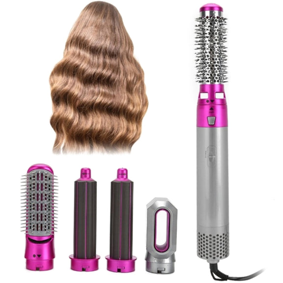 5-in-1 Hot-air Comb Automatic Straightening Dual-purpose Hair Dryer Silver+Rose Red(US Plug)