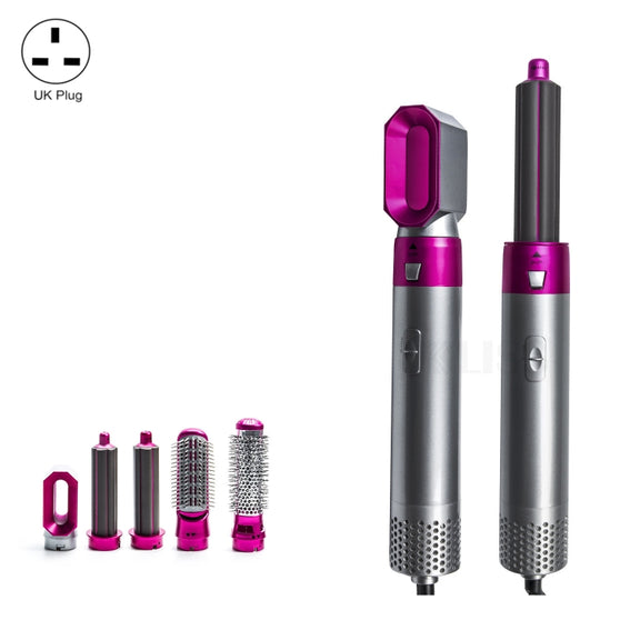 5-in-1 Hot-air Comb Automatic Straightening Dual-purpose Hair Dryer Silver+Rose Red(UK Plug)