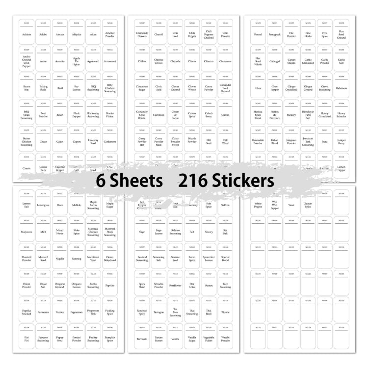 216 PCS Spice Jar Label Stickers Waterproof Oil Proof Kitchen Spice Jar Label(6 Sheets / set) - Printer Paper & Stickers by PMC TechLife | Online Shopping South Africa | PMC TechLife
