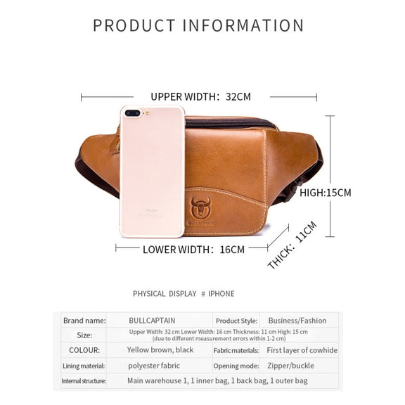 BULL CAPTAIN Cowhide Waist Bag Large Capacity Multifunctional Wallet For Men(Yellow Brown)
