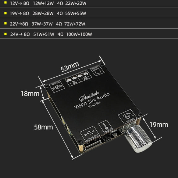 XY-C100L Stereo Stepless Tuning Bluetooth Digital Power Amplifier Board